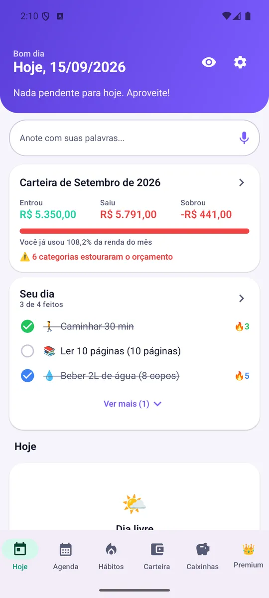 Tela inicial do app GoTask com resumo da carteira do mês e hábitos do dia